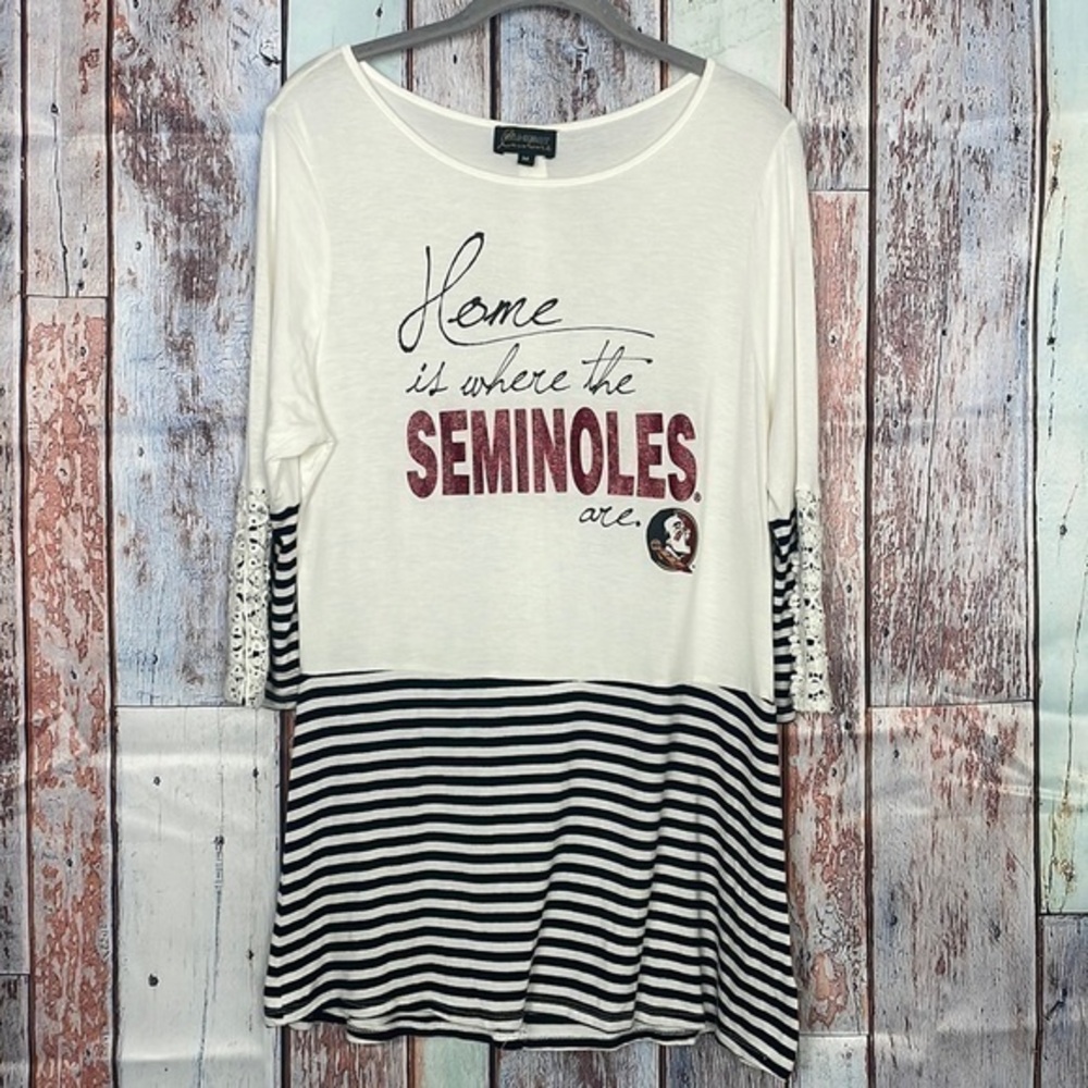 Women's Size‎ M FSU Florida State Seminole 3/4 Sleeve Top, Ivory, Black striped